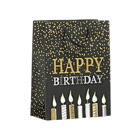 Pungă cadou Happy Birthday, lumânări, 26 x 32 x 10 cm, negru
