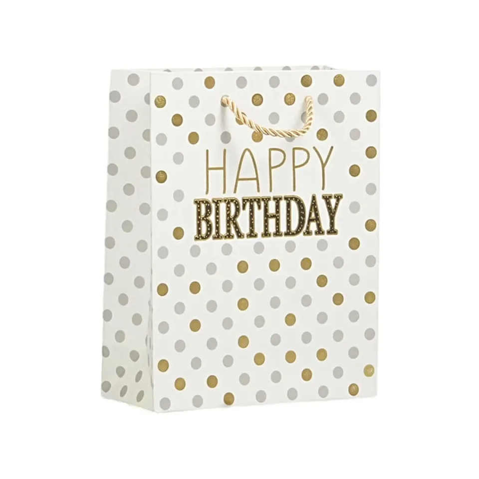 Pungă cadou Happy Birthday, buline, 26 x 32 x 10 cm, albă