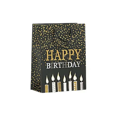 Pungă cadou Happy Birthday, 18 x 23 x 8 cm, lumânări negre