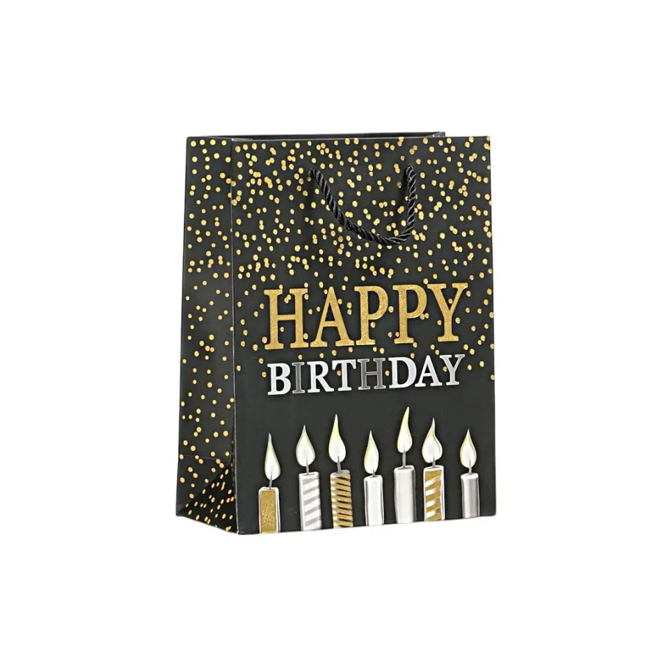 Pungă cadou Happy Birthday, 18 x 23 x 8 cm, lumânări negre
