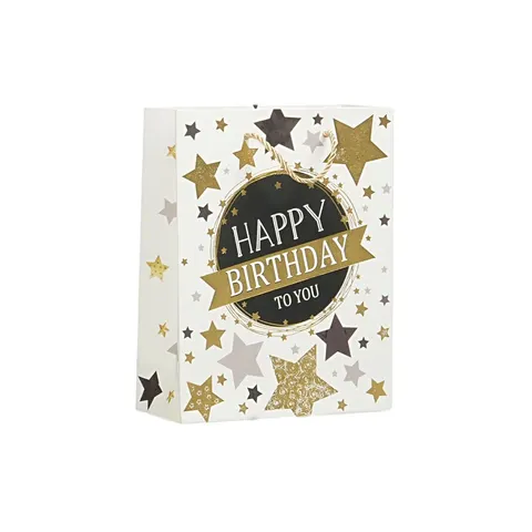 Punga cadou Happy Birthday, 18 x 23 x 8 cm, stele albe