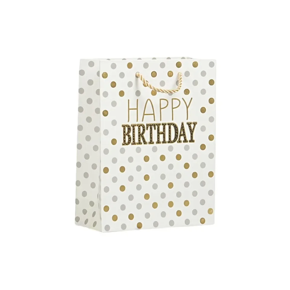 Pungă cadou Happy Birthday, 18 x 23 x 8 cm, cu buline albe