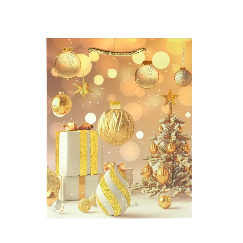 Punga cadou Balls & Gifts, Crăciun, 26 × 32 × 10 cm, aurie