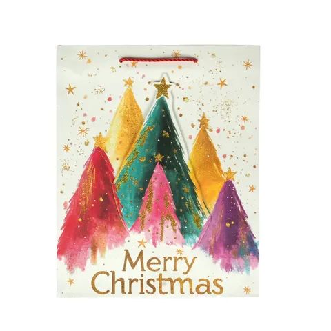 Pungă cadou Merry Christmas – Brazi, Crăciun, 30 × 40 × 12 cm