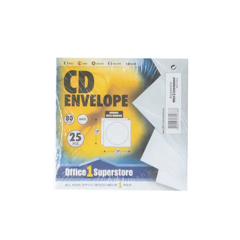 Office 1 Toc pentru CD/DVD, 124 x 124 mm, hârtie, cu fereastră, bandă adezivă, alb, 25 bucăți