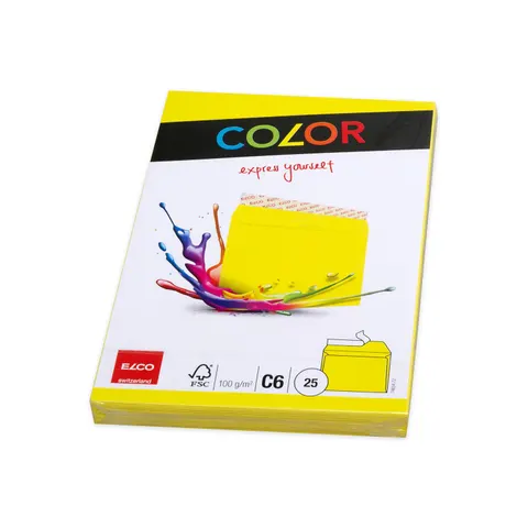 Plic Elco, C6, 114 x 162 mm, 100 g, clapet drept cu bandă adezivă, galben, 25 bucăți