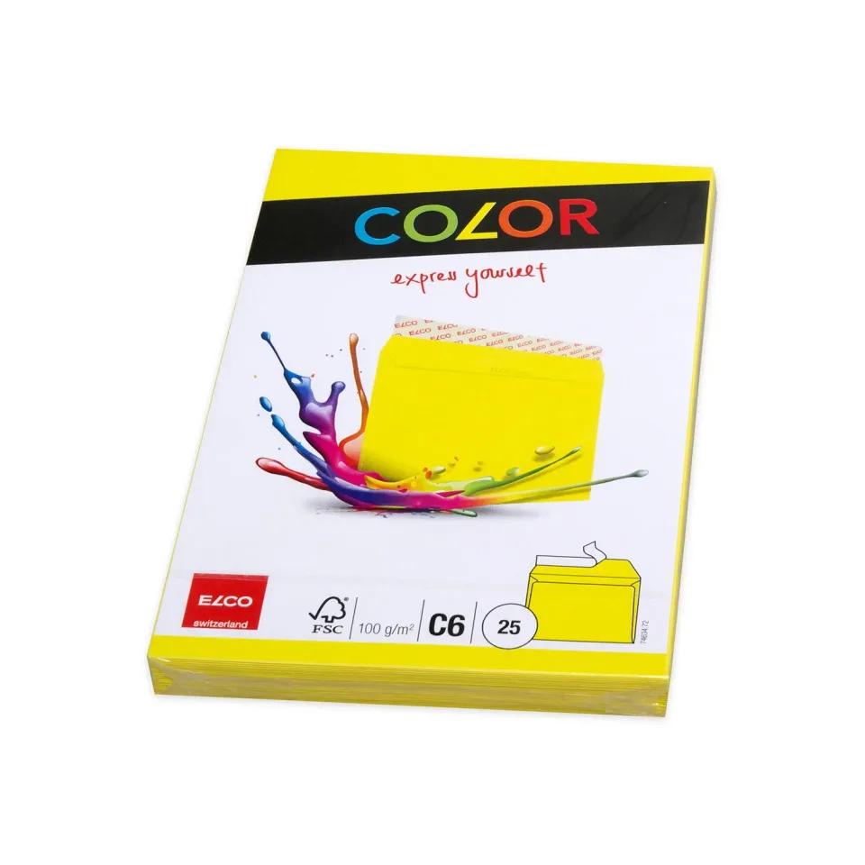 Plic Elco, C6, 114 x 162 mm, 100 g, clapet drept cu bandă adezivă, galben, 25 bucăți