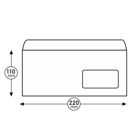 Plic Office 1, DL, 110 x 220 mm, hârtie, cu fereastră dreaptă, cu bandă adezivă, alb, 100 bucăți