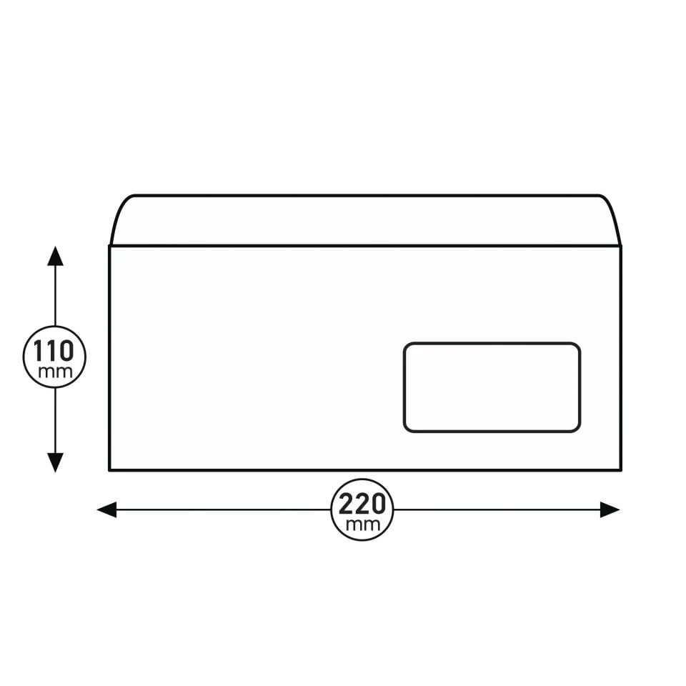 Plic Office 1, DL, 110 x 220 mm, hârtie, cu fereastră dreaptă, cu bandă adezivă, alb, 100 bucăți