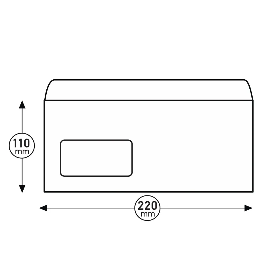 Plic Office 1, DL, 110 x 220 mm, hârtie, cu fereastră în stânga, cu bandă adezivă, alb, 100 buc.