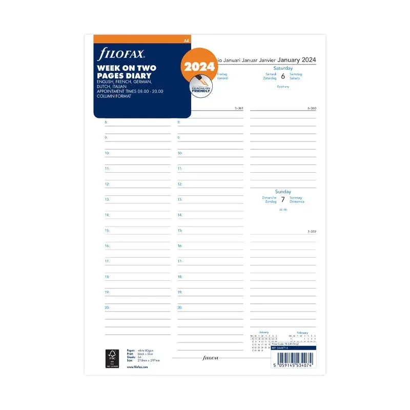 Filofax Rezervă pentru organizator Classic, A4, pentru 2024, 1 săptămână pe 2 pagini, vertical