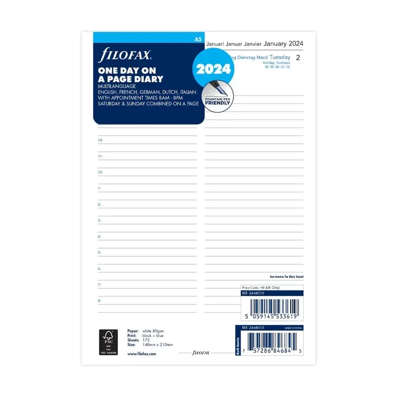 Filofax Rezervă pentru organizator Classic, A5, pentru 2024, 1 zi pe pagină