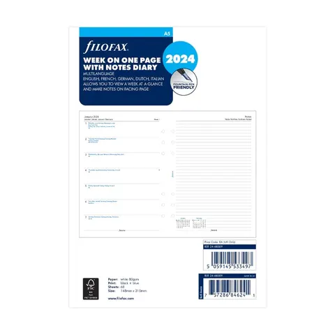 Filofax Rezervă Classic A5, pentru 2024, săptămână pe o pagină, notițe