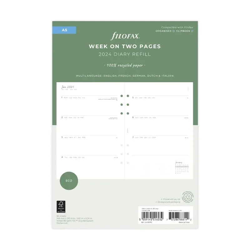 Filofax Rezervă pentru organizator Eco, A5, pentru 2024, 1 săptămână pe 2 pagini