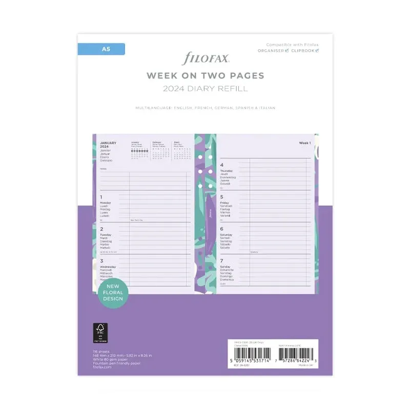 Filofax Rezervă Floral, A5, pentru 2024, o săptămână pe două pagini