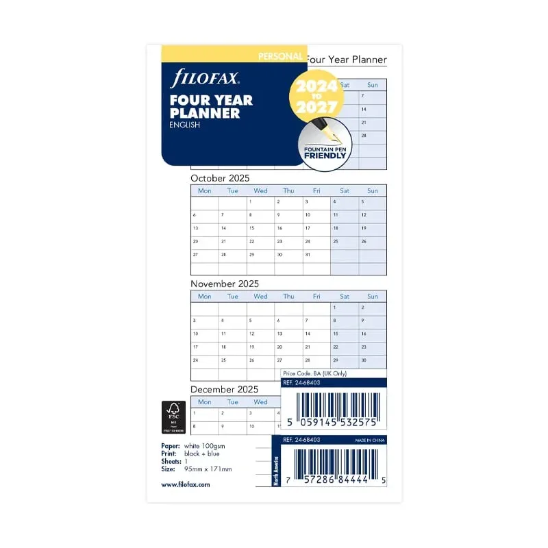 Refill pentru organizator Filofax, A5, pentru 2024-2027, 4 ani pe planșă