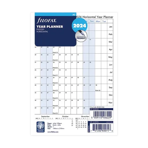 Filofax Rezervă pentru organizator, A5, pentru 2024, 1 an pe pagină dublă