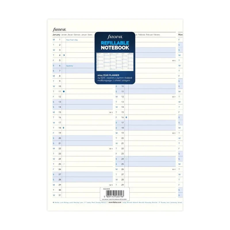 Reumplere Filofax pentru caiet, A4, pentru 2024, 1 an pe pagină, pliabilă