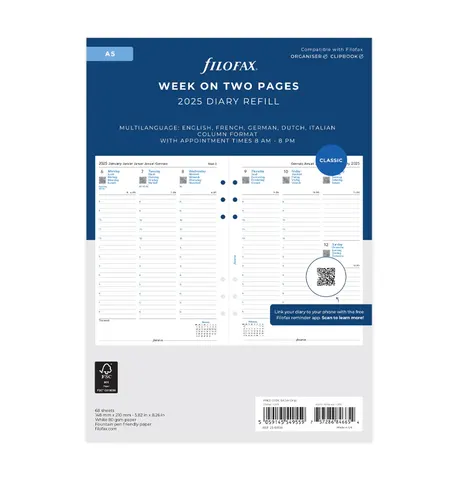 Filofax Rezervă pentru organizator Classic, A5, pentru 2025, 1 săptămână pe 2 pagini, vertical