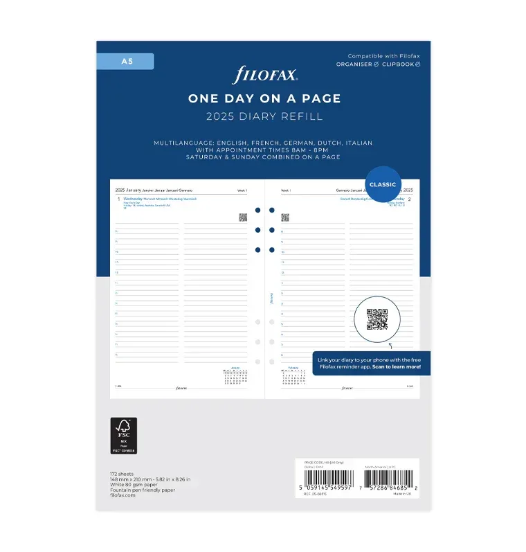Filofax Rezervă pentru organizator Classic, A5, pentru 2025, 1 zi pe pagină