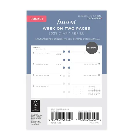 Rezervă Filofax pentru Organizer, Pocket, pentru 2025, 1 săptămână pe 2 pagini