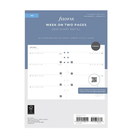 Filofax Rezervă pentru organizator, A5, pentru 2025, 1 săptămână pe 2 pagini