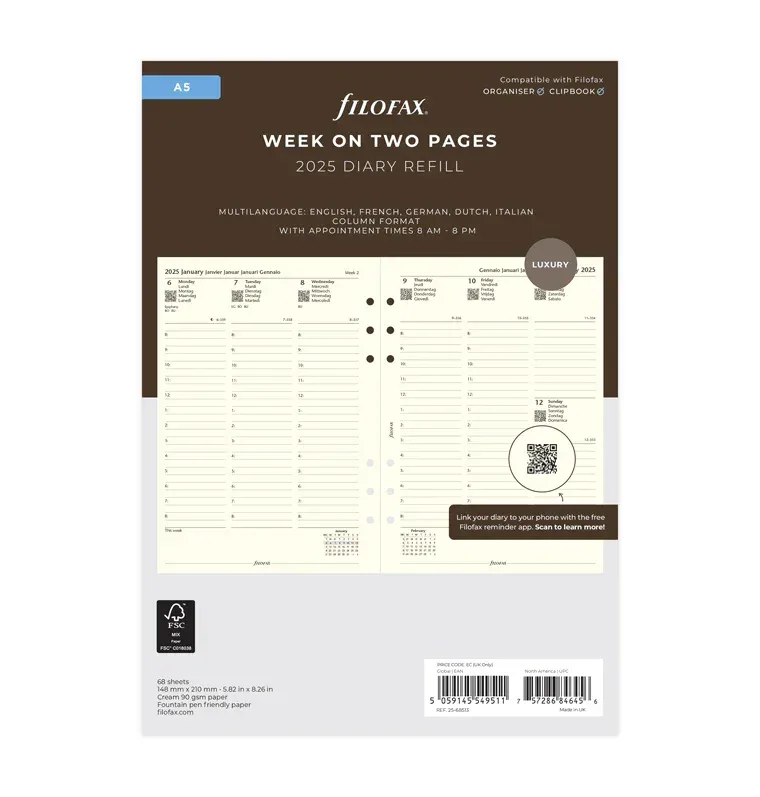 Filofax Rezervă pentru organizator, A5, 2025, 1 săptămână pe 2 pagini, crem