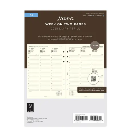 Rezervă Filofax Recycled, A5, pentru 2025, 1 săptămână pe 2 pagini, crem