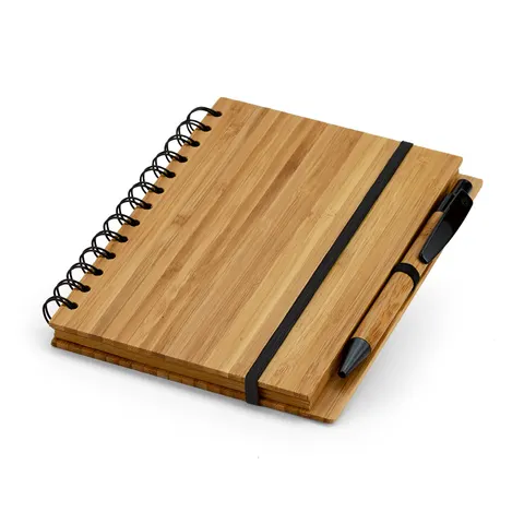 Hi!dea Caiet Bamboo, A5, cu elastic, dictando, hârtie reciclată, copertă tare din bambus, 140 file, cu pix inclus