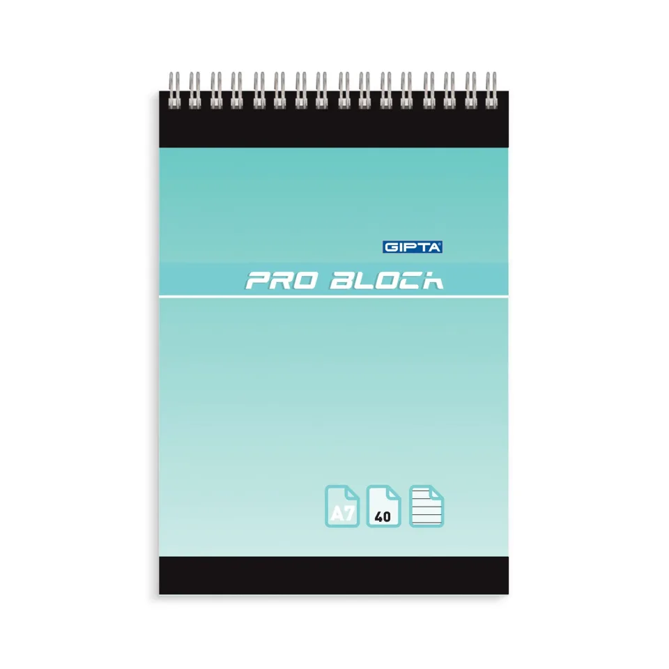 Gipta Notepad Pro-Block, A7, hârtie albă, linii dese, copertă carton, spiralat, 40 file