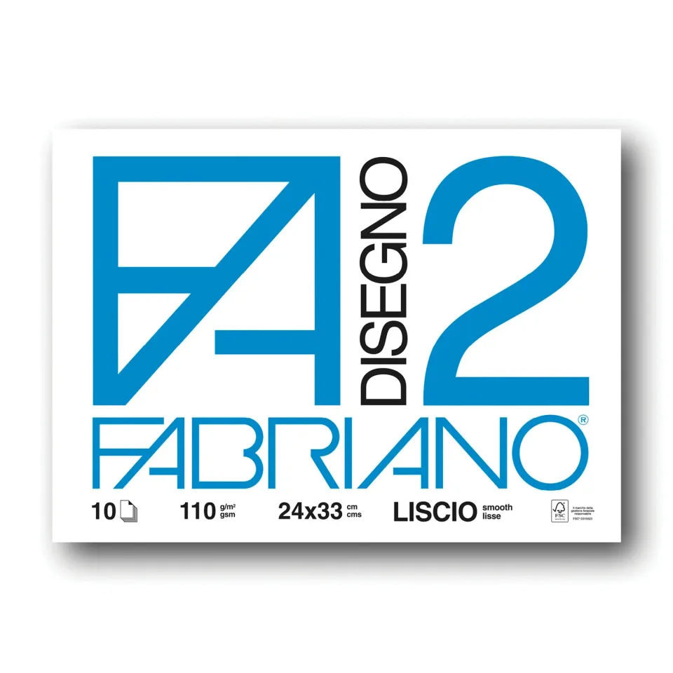 Fabriano Drawing Pad Disegno 2, 24 x 33 cm, 110 g/m2, neted, lipit, copertă moale, 10 coli