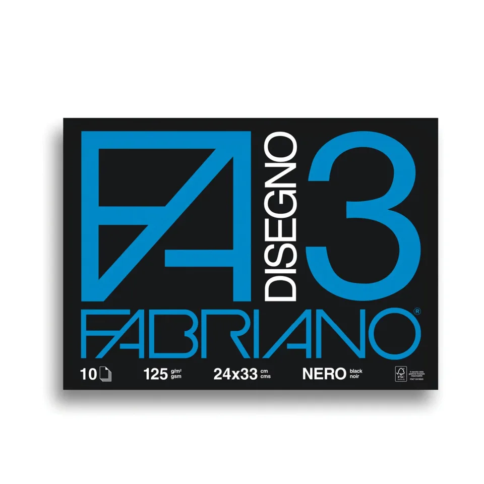 Bloc de desen Fabriano Disegno 3, 24 x 33 cm, 125 g/m2, hârtie neagră, aspră, cusut, 10 foi