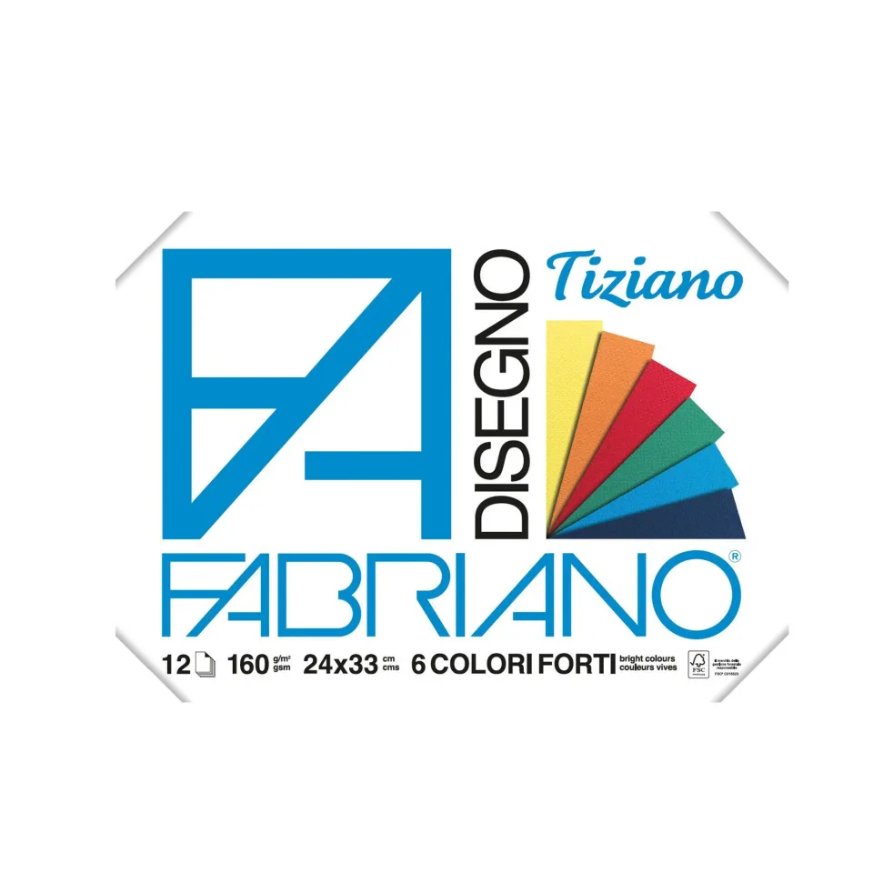 Fabriano Bloc de desen Tiziano, 24 x 33 cm, 160 g/m², culori intense, rugos, legat în colț, 6 culori, 12 file