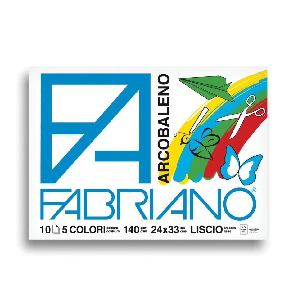 Bloc de desen Fabriano Arcobaleno, 24 x 33 cm, 140 g/m², foi colorate, aspru, 5 culori, 10 foi