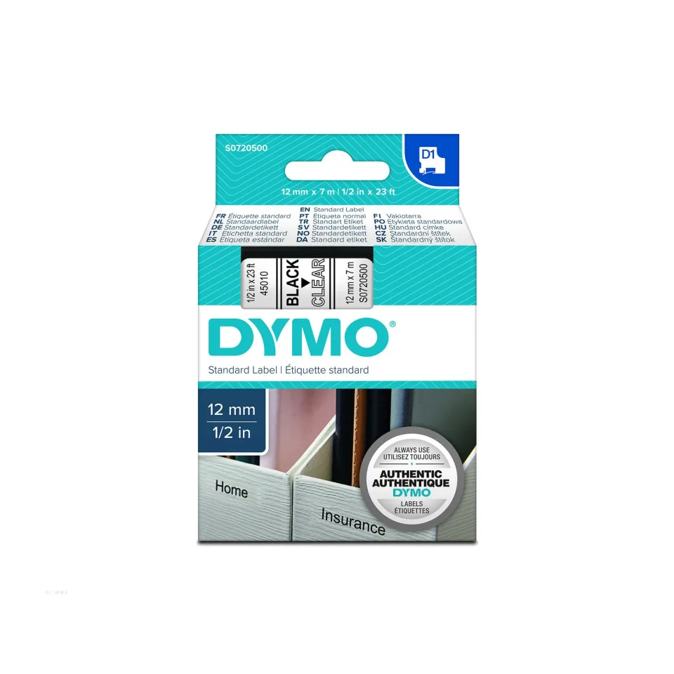 Bandă Dymo 45010, 12 x 7 m, litere negre/fundal transparent