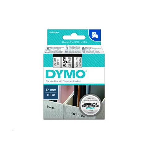 Bandă Dymo 45010, 12 x 7 m, litere negre/fundal transparent