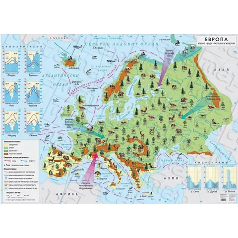 Hartă de perete a Europei – Climă, ape, plante și animale, 140 x 100 cm
