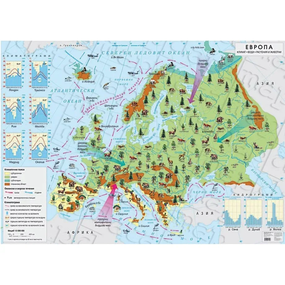Hartă de perete a Europei – Climă, ape, plante și animale, 140 x 100 cm