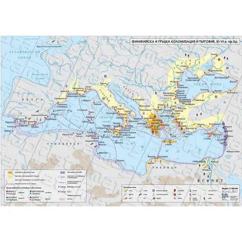 Harta colonizării și comerțului fenicieni și greci