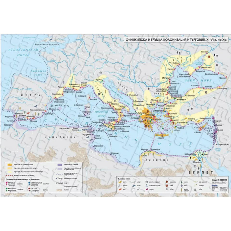 Harta colonizării și comerțului fenicieni și greci