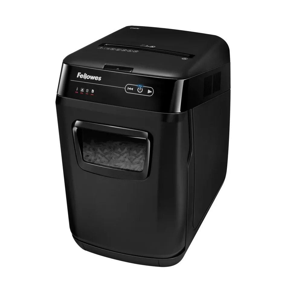 Distrugător documente Fellowes AutoMax 150C, tăiere transversală, 32 L, P-4, timp de lucru 12 min, timp de odihnă 25 min, nivel de zgomot 65 dB