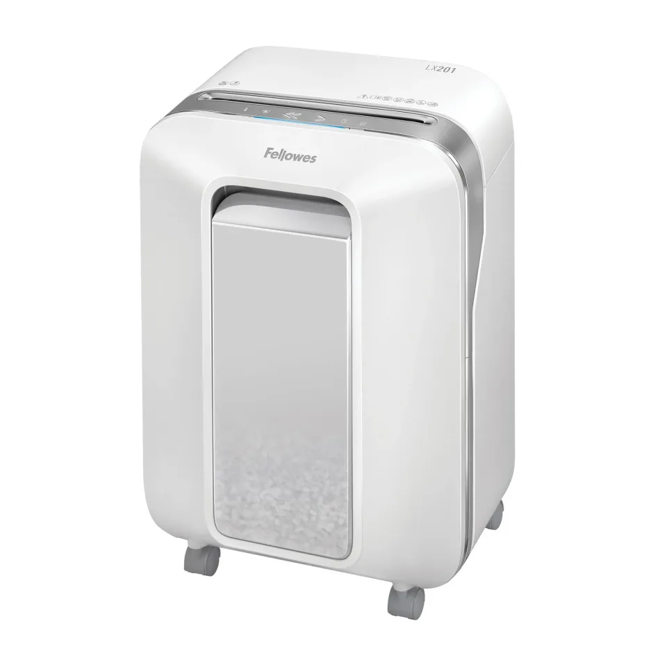 Distrugător documente Fellowes Powershred LX201, Microcut, 22 L, alb, P-5, timp de funcționare 10 min, Micro-Cut