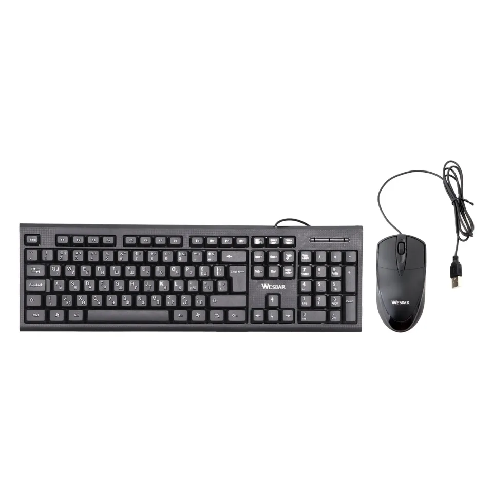 Set Wesdar - tastatură și mouse KM5, chirilic, cu cablu 1.5 m, USB, 3 butoane pe mouse, 104 butoane pe tastatură, negru