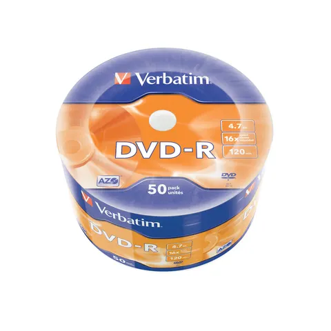 DVD-R Verbatim, 4.7 GB, 16x, strat AZO, 50 bucăți, ambalate în folie