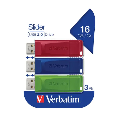 Memorie flash USB Verbatim Slider, USB 2.0, 16GB, set de 3 bucăți
