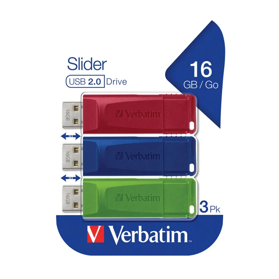 Memorie flash USB Verbatim Slider, USB 2.0, 16GB, set de 3 bucăți