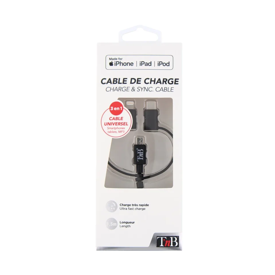 Cablu TNB 3 în 1 Lightning, cu micro USB și USB tip C, 1.5 m, USB-C