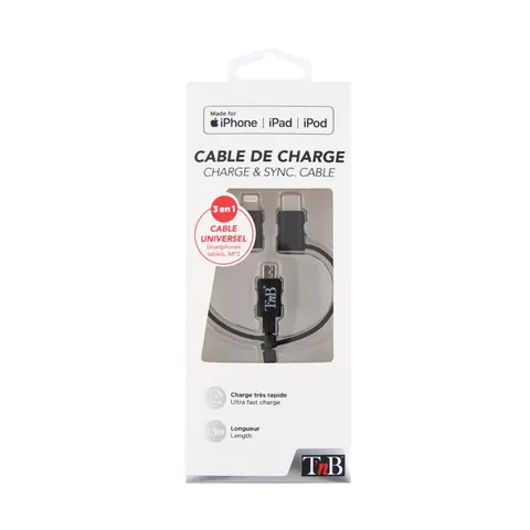 Cablu TNB 3 în 1 Lightning, cu micro USB și USB tip C, 1.5 m, USB-C