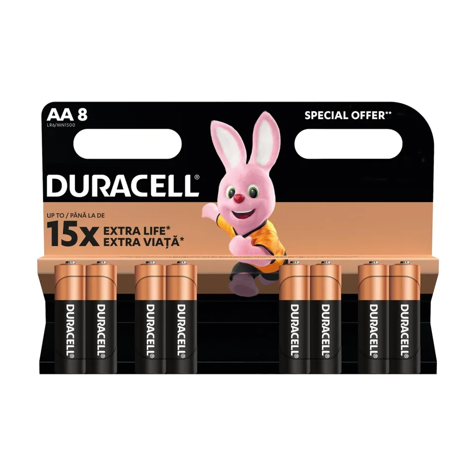 Baterii alcaline Duracell, AA, LR6, 1.5 V, 8 bucăți