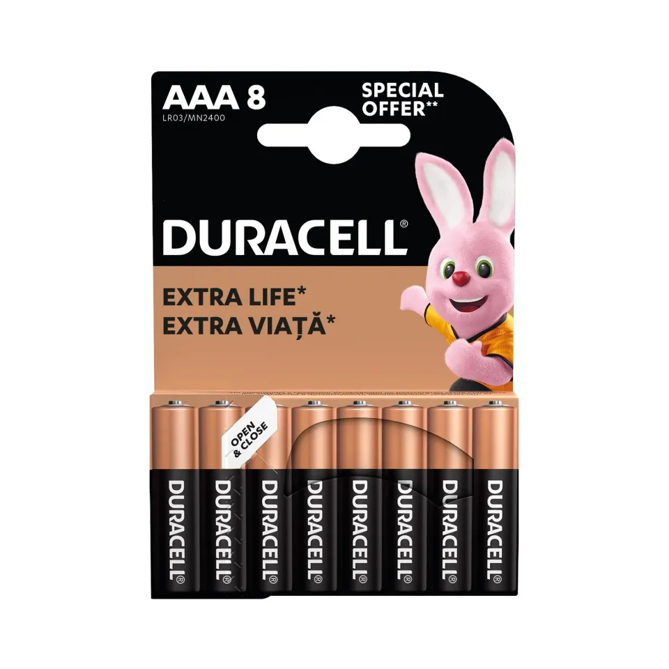 Baterii alcaline Duracell, AAA, LR6, 1.5 V, 8 bucăți